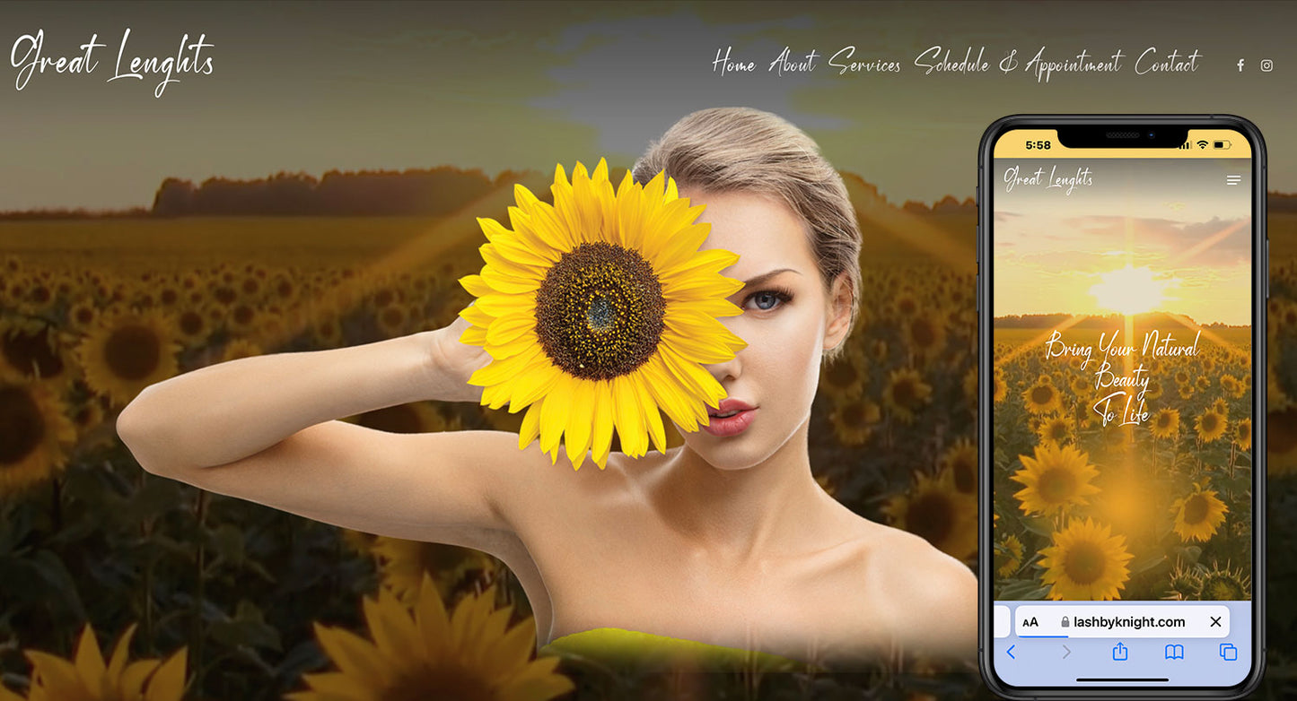 Woman in a sunflower field holding a sunflower, with a smartphone displaying a branded beauty business website, representing beauty business certification, career builder course, professional branding, and online presence setup for beauty professionals.