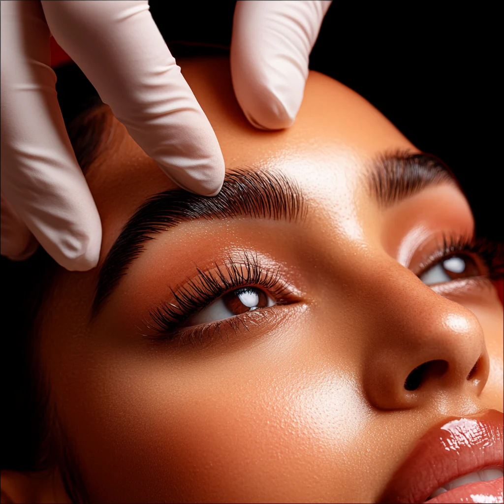 Gloved professional performing nano blading on a client’s eyebrow, demonstrating advanced nano blading certification, microblading training, and precision brow artistry at Lash & Brow Girl Academy.