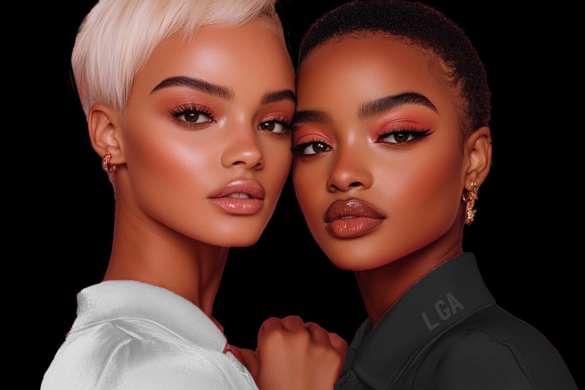 Two beauty professionals wearing LGA-branded collared shirts and gold earrings, standing together to represent advanced lash extension training and microblading certification at Lash & Brow Girl Academy, highlighting dual certification, lash tech education, and professional beauty career development.